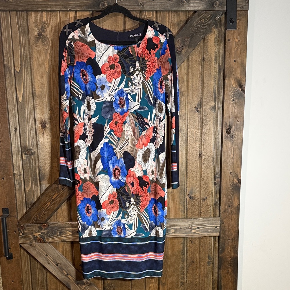 Picadilly Fashion Floral Long Sleeve Dress - Blue, Red, Black